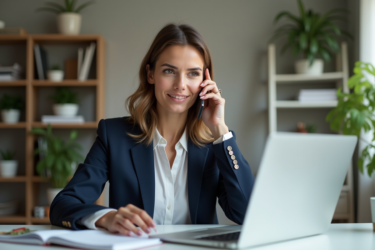 Femme en télétravail avec ordinateur et smartphone