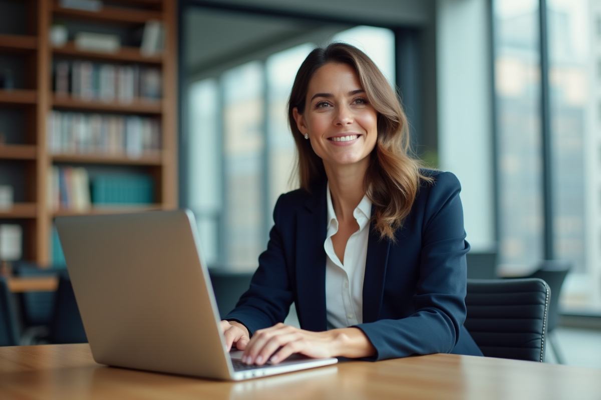 Femme confiante travaillant sur un ordinateur dans un espace coworking