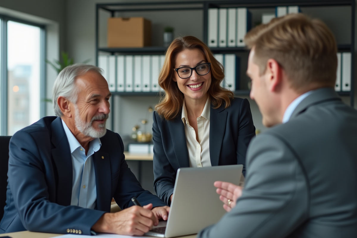 Femme professionnelle en réunion avec un client dans un bureau moderne