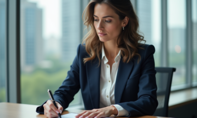 Femme en blazer bleu examine son CV dans un bureau moderne