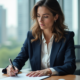 Femme en blazer bleu examine son CV dans un bureau moderne