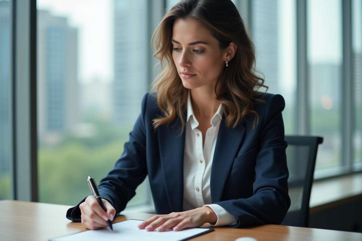 Femme en blazer bleu examine son CV dans un bureau moderne