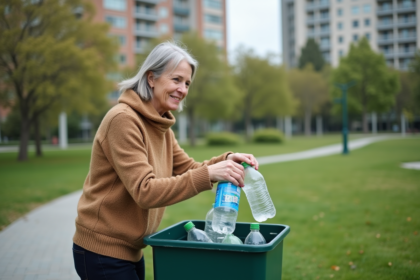 Femme en extérieur triant des bouteilles en recyclant