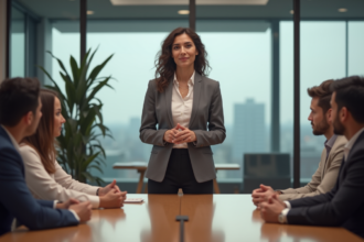 Femme en blazer lors d'une réunion professionnelle