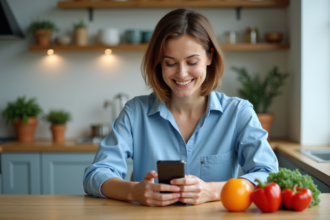 Femme française scannant un code barre dans la cuisine