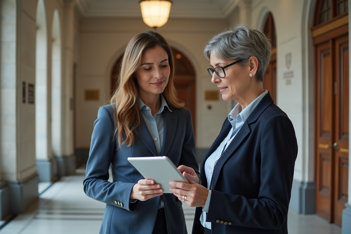 Deux femmes discutant réglementation dans un couloir officiel