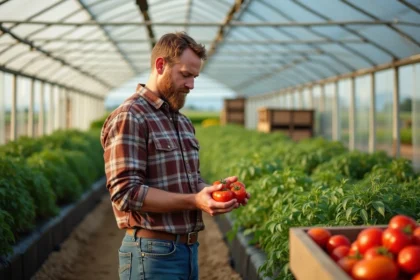 Fermeur examinant des tomates mûres dans une serre extérieure