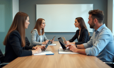 Quatre professionnels en réunion dans un espace moderne