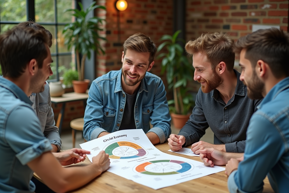 Groupe de jeunes étudiant autour d un diagramme sur l economie circulaire