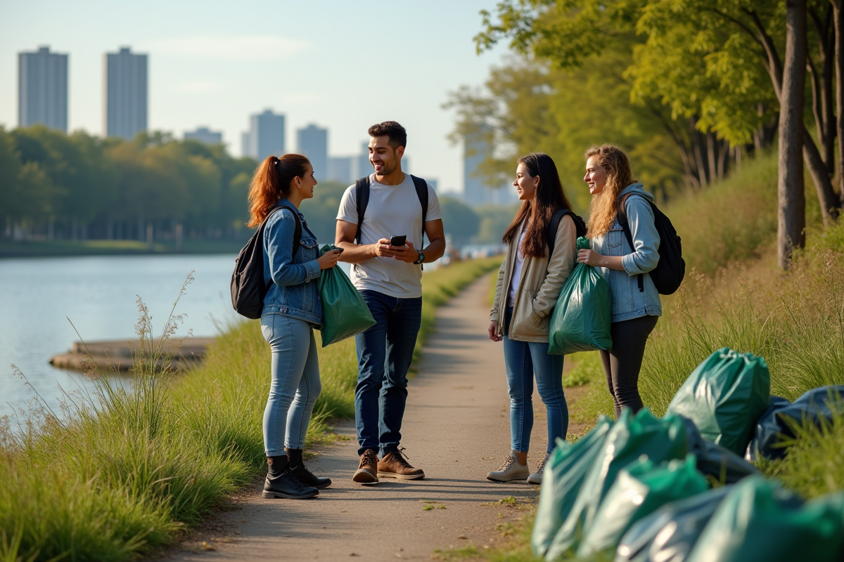 Jeunes adultes participent à un nettoyage écologique en extérieur