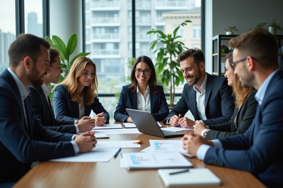 Groupe de professionnels en réunion dans un bureau moderne