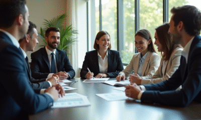 Groupe de professionnels discutant de salaires en réunion