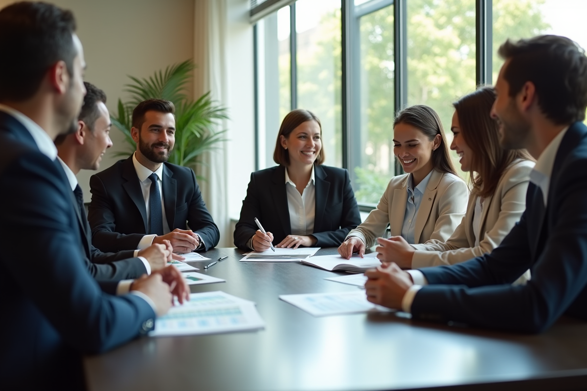 Groupe de professionnels discutant de salaires en réunion