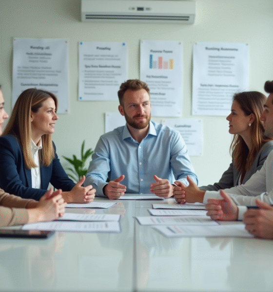 Groupe d'employes en formation dans un bureau moderne
