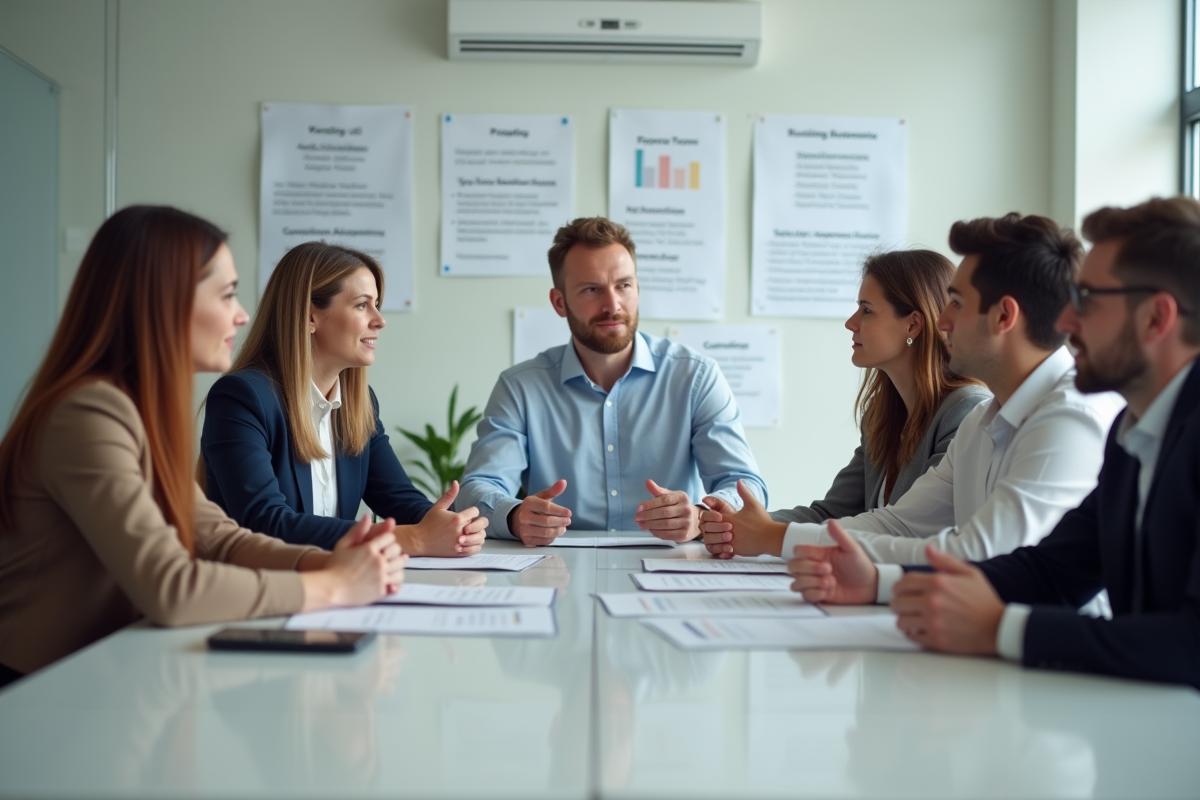 Groupe d'employes en formation dans un bureau moderne