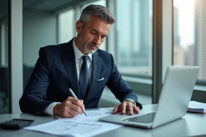 Homme d'affaires analysant des documents financiers au bureau