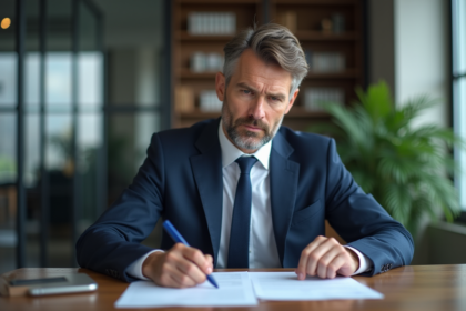 Homme d'affaires en costume navy dans un bureau moderne