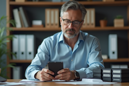 Homme d'affaires vérifiant un disque dur externe et des disques de sauvegarde