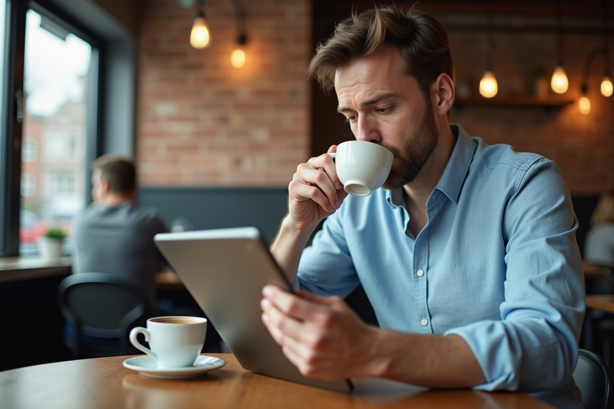Homme analysant des données marketing dans un café convivial