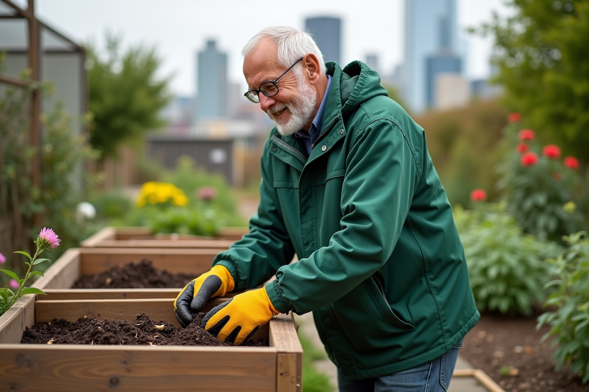Homme âgé entretient un compost dans un jardin urbain
