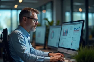 Homme informaticien regardant un tableau digital au bureau