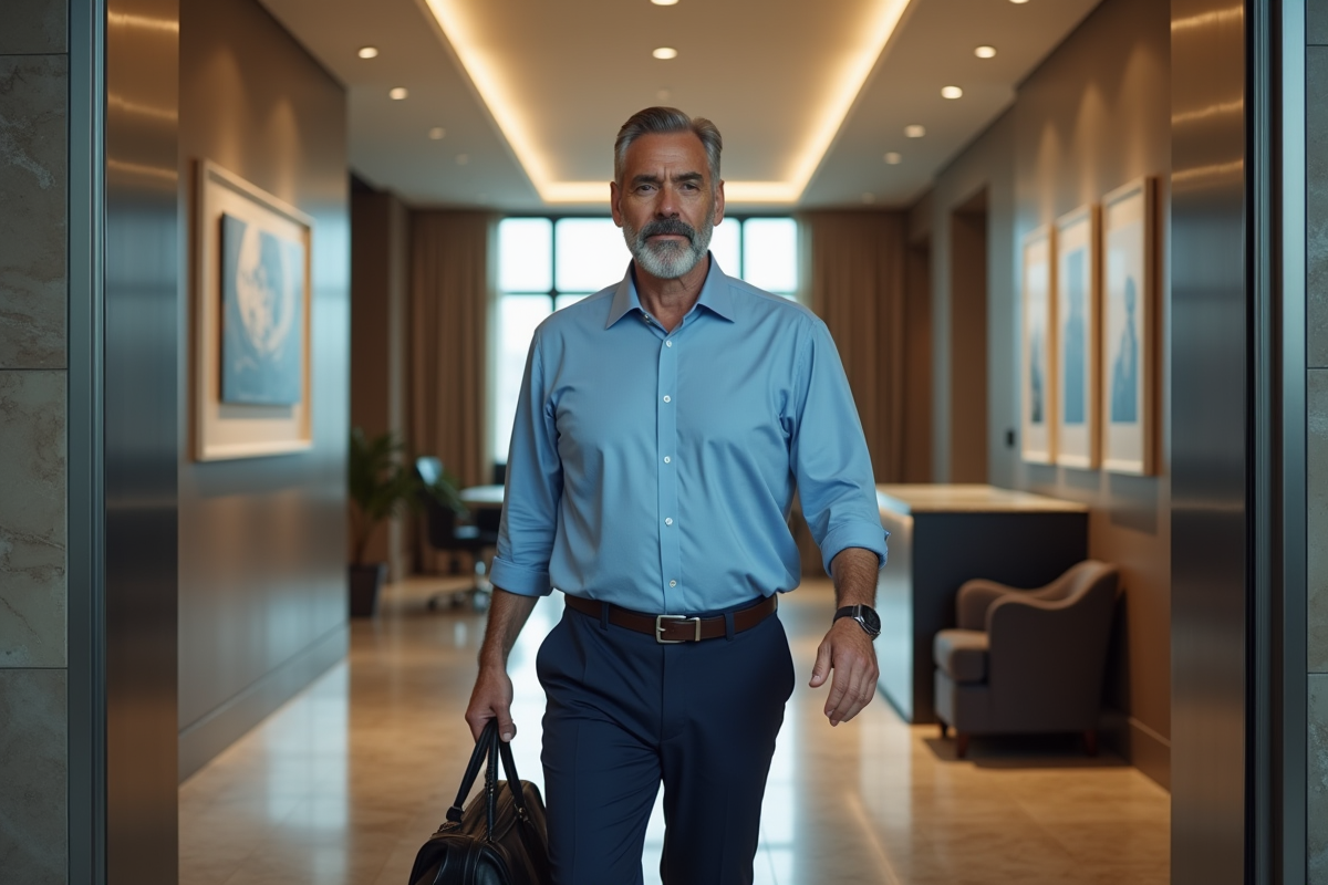 Homme dans le hall d office sortant de l ascenseur