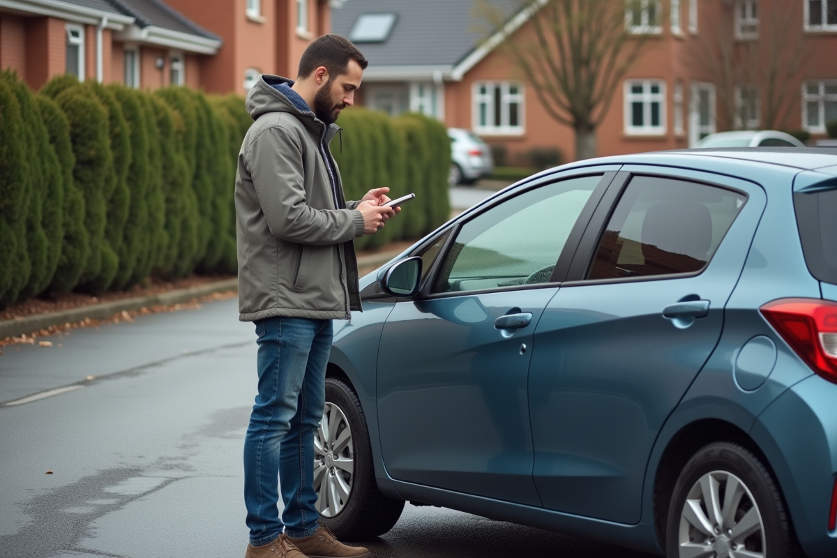 Homme utilisant son smartphone à côté de sa voiture en stationnement