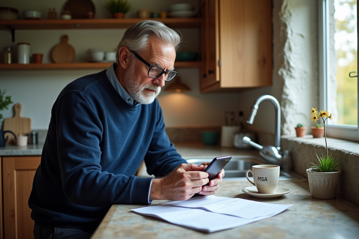 Homme comparant papier MSA à son smartphone à la maison