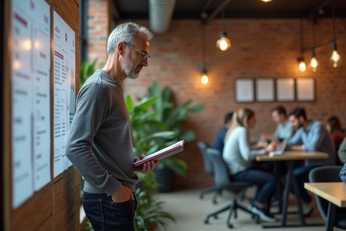 Homme consulte des offres d emploi dans un espace de coworking