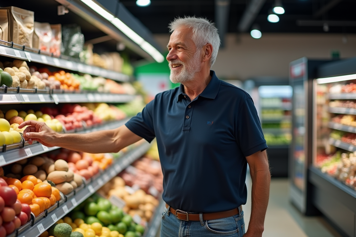 Homme âgé en supermarché examine des produits sains avec sourire
