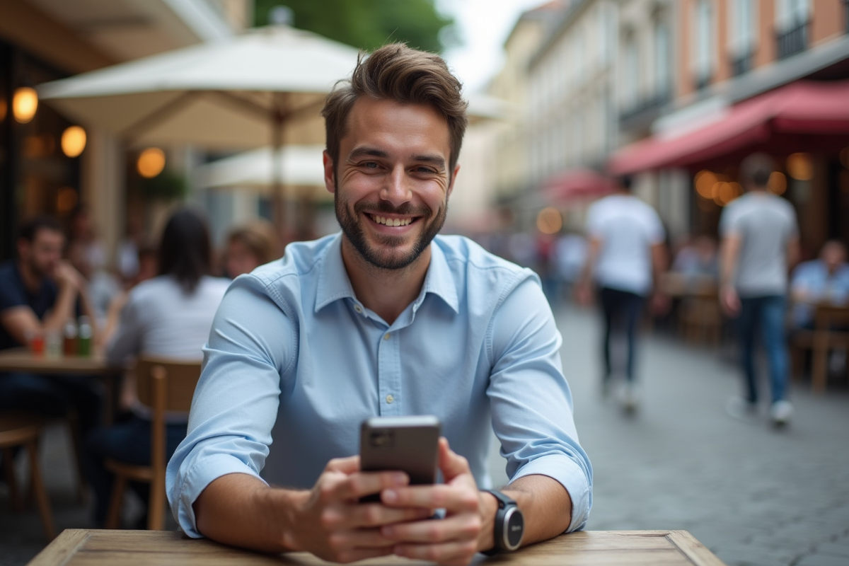 Homme souriant planifiant une publication Facebook au café