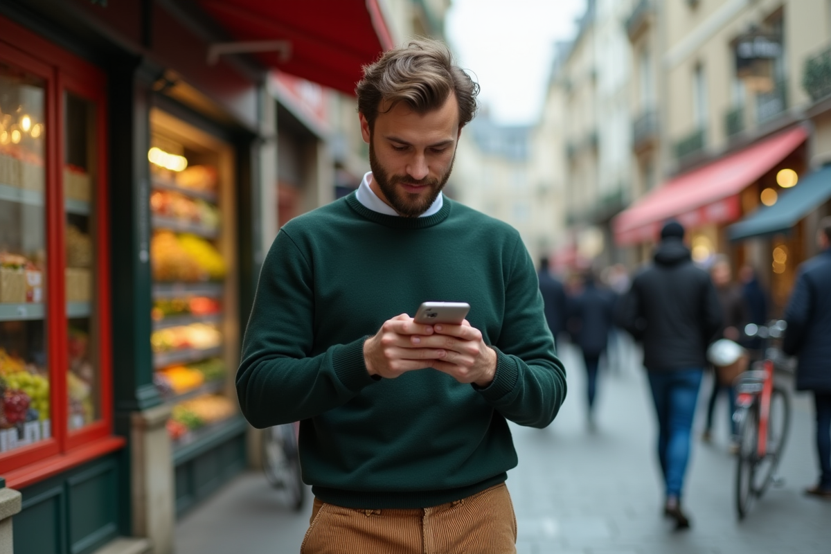 Homme français vérifiant un produit dans une rue parisienne