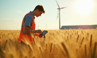 Jeune agronome dans un champ de blé examine un capteur d'humidite du sol