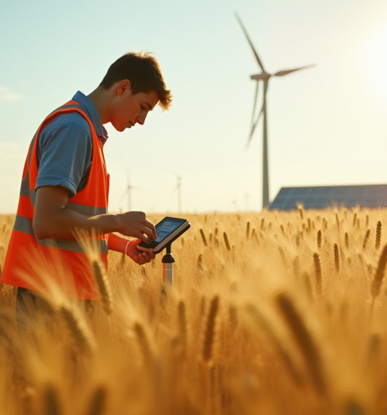 Jeune agronome dans un champ de blé examine un capteur d'humidite du sol