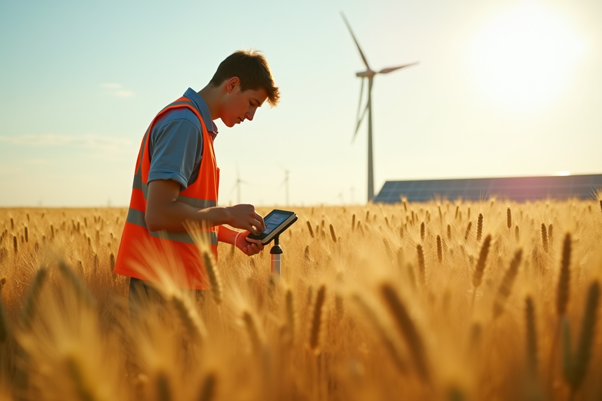 Jeune agronome dans un champ de blé examine un capteur d'humidite du sol