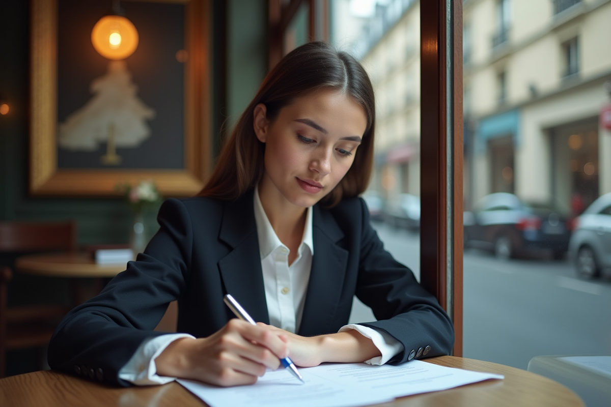 Jeune analyste politique lisant à un café parisien
