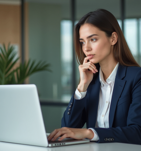 Jeune femme en blazer bleu interactant avec un tableau CRM