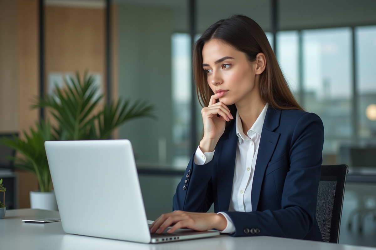 Jeune femme en blazer bleu interactant avec un tableau CRM