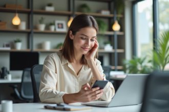 Jeune femme au bureau utilisant son smartphone pour planifier