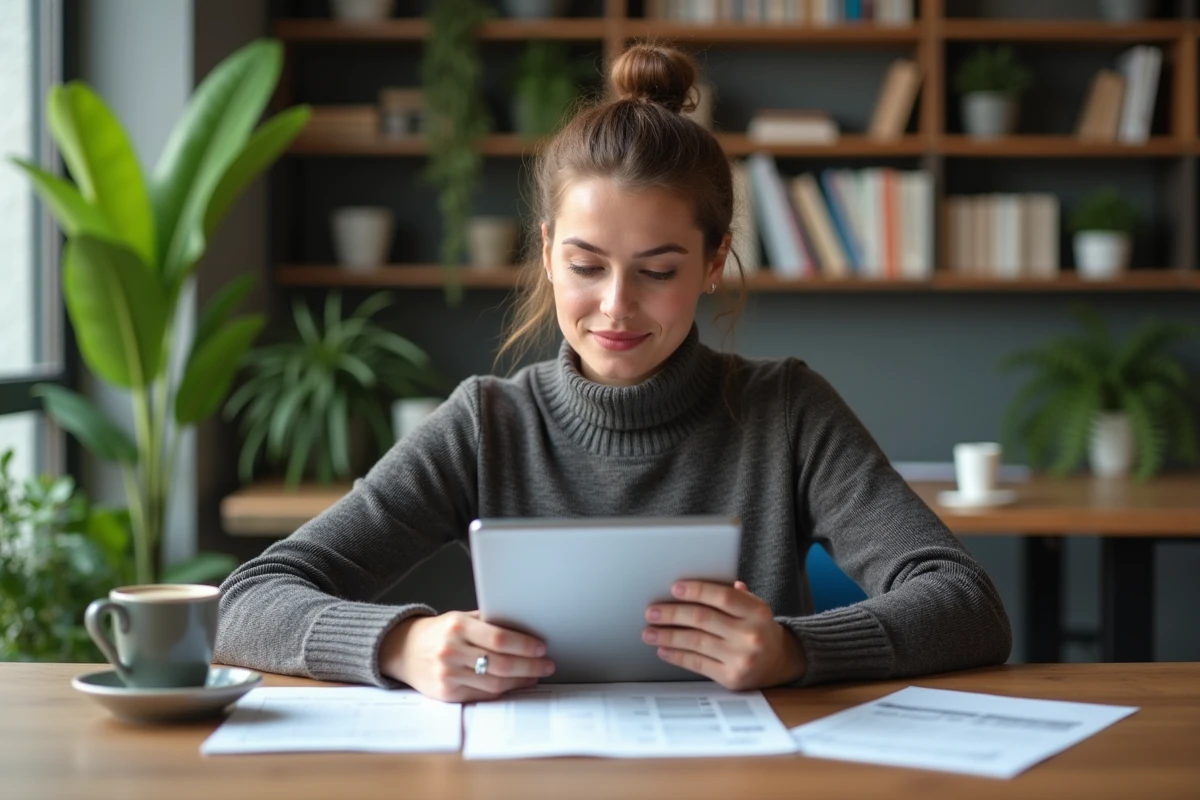 Jeune femme entrepreneure utilisant une tablette dans un espace de coworking