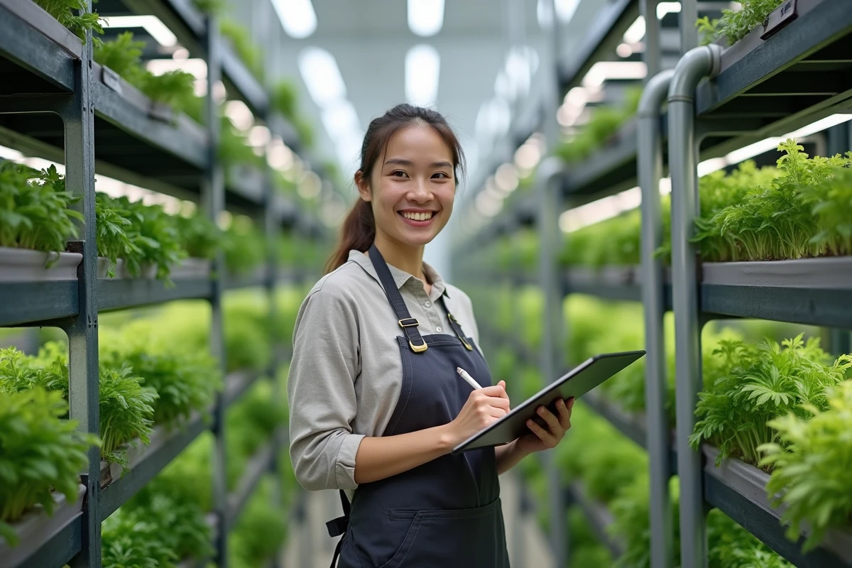 Jeune entrepreneure dans une ferme verticale intérieure