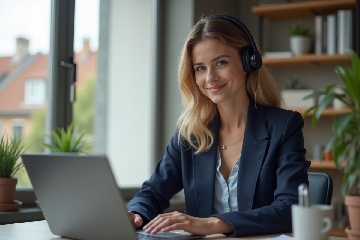 Jeune femme en visioconference dans son bureau à domicile