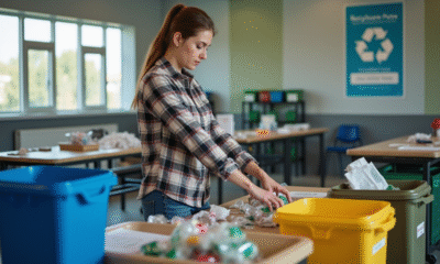 Jeune femme trie des recyclables dans un centre moderne