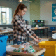 Jeune femme trie des recyclables dans un centre moderne