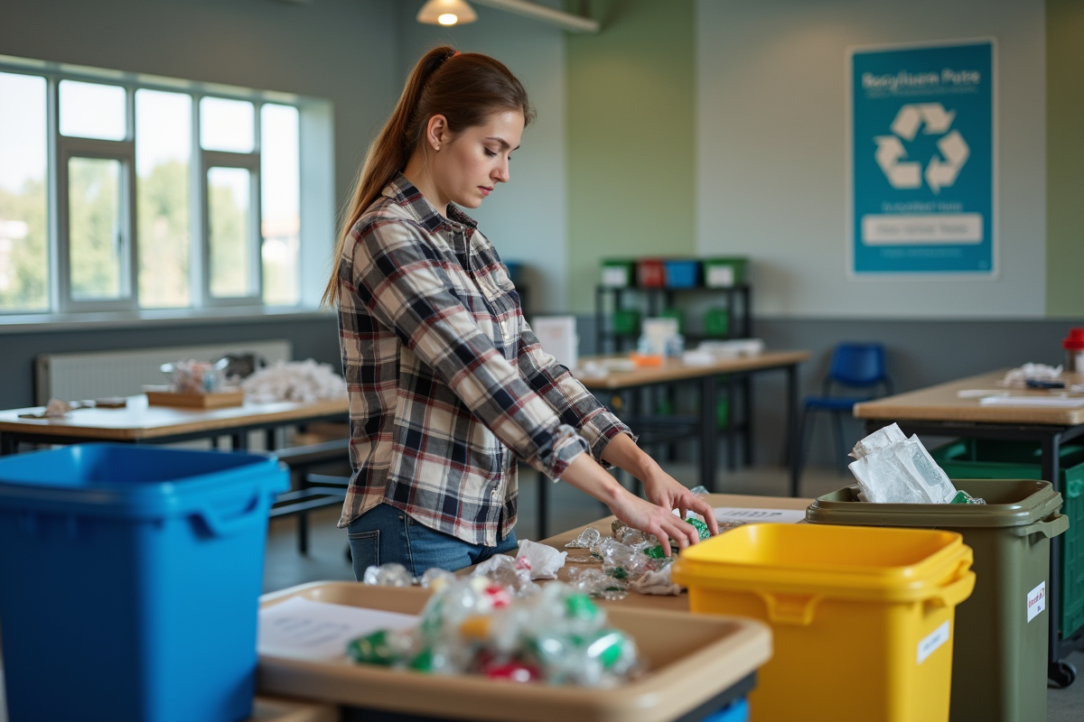 Jeune femme trie des recyclables dans un centre moderne