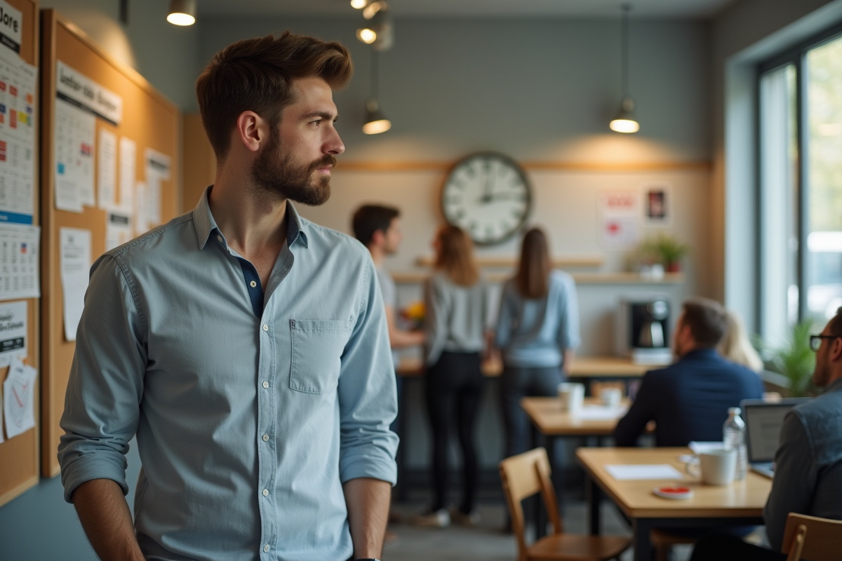 Jeune homme français regardant une affiche sur le mur au bureau