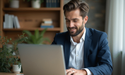 Jeune homme en bureau moderne travaillant sur un ordinateur portable