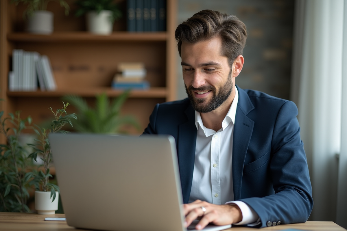 Jeune homme en bureau moderne travaillant sur un ordinateur portable