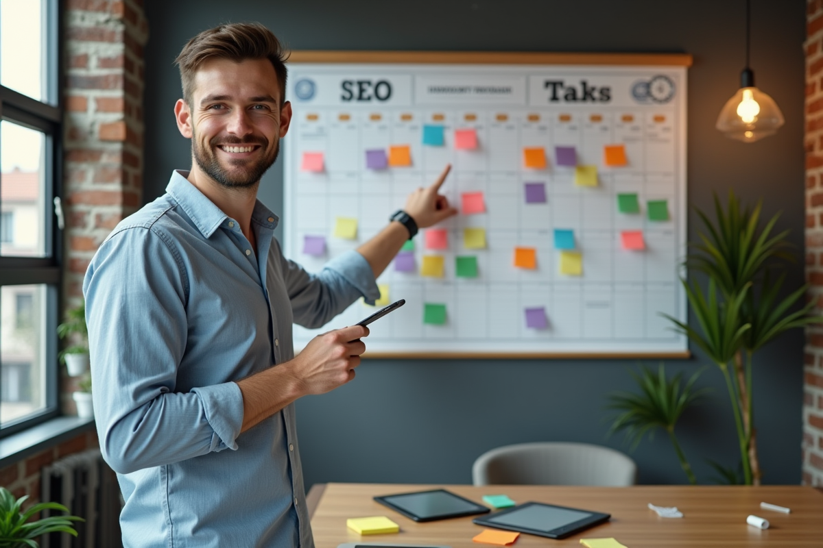 Jeune homme expliquant son planning SEO avec un calendrier coloré