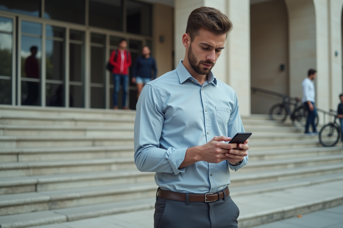 Jeune homme vérifiant son téléphone devant bâtiment